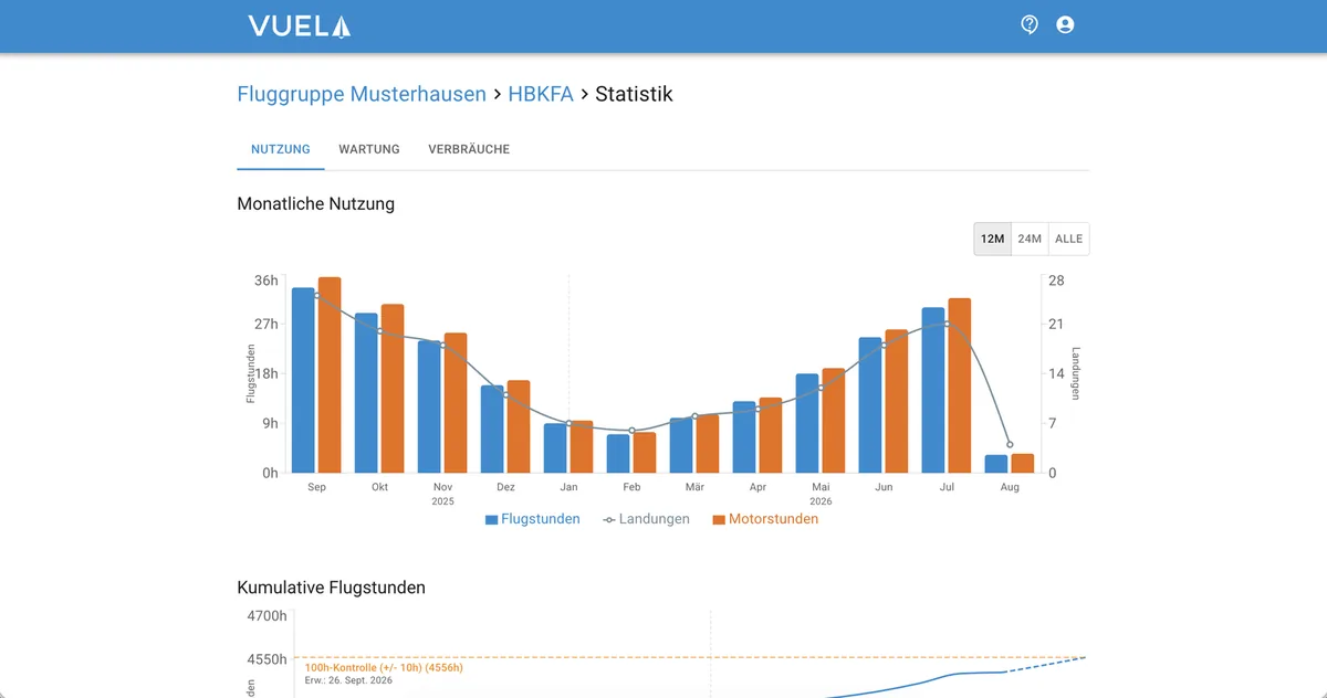Statistik in Vuela: monatliche Nutzung